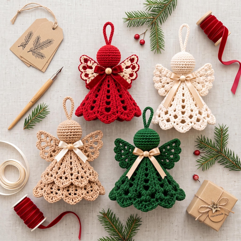 May include: Four crocheted angel ornaments in red, cream, beige, and dark green, each featuring a round head, lace-like wings, a flared skirt, and a satin ribbon bow at the neck. The set includes a wooden pen, gift tags, and red velvet ribbon.