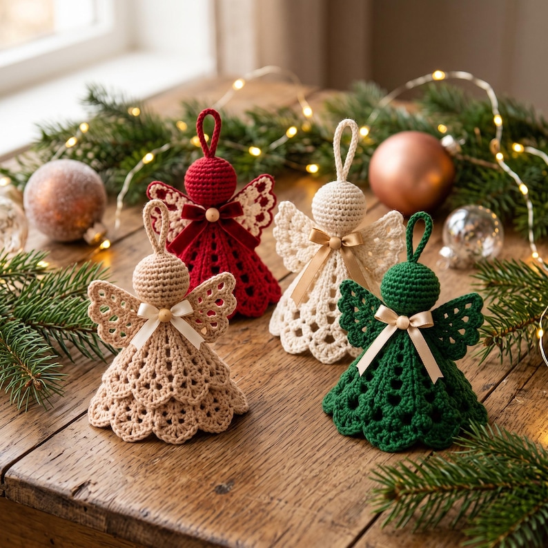 May include: Four crocheted angel ornaments in red, cream, beige, and dark green. Each angel features a round head, openwork wings, a flared skirt, a small wooden bead at the neck, a satin ribbon bow, and a loop at the top for hanging purposes.