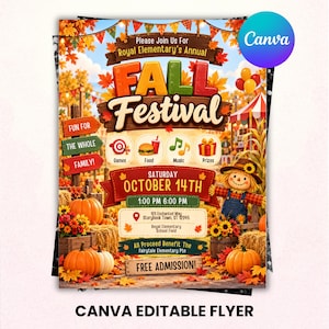 May include: A colorful flyer for a Fall Festival at Royal Elementary on October 14th. The design features pumpkins, a scarecrow, autumn leaves, and icons for games, food, music, and prizes. Text includes event details, location, and free admission.