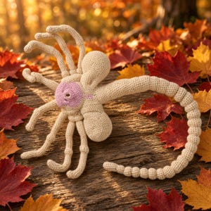 May include: A beige crocheted creature with eight long, segmented legs and a long, curled tail. The central body features a round, light pink textured section with a small opening in the middle, crafted from yarn with visible stitching.