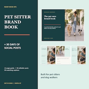 Puede incluir: Un kit digital de libro de marca para cuidadores de mascotas con una guía de 12 páginas y 30 publicaciones sociales. El diseño verde oscuro muestra texto e imágenes de una persona paseando perros y gatos, con plantillas editables.