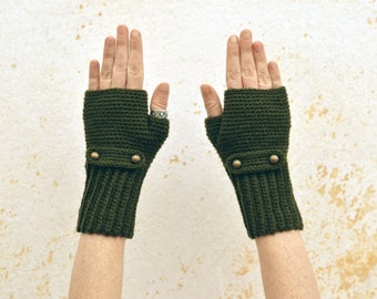 Forest green arm warmers, knit mittens, wool fingerless gloves, elegant crochet gloves, woman wrist warmers, gift for her