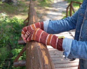 Copper arm warmers, long sleeves gloves, burnt orange gloves, fingerless mittens, wool striped hand warmers, hand knit gift for her