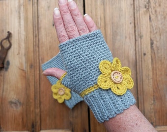 Hand knitted fingerless mittens, grey gloves with yellow flower, crochet fingerless hand warmers, wool wrist warmers