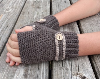 Short mittens, dark beige fingerless gloves, knit wrist warmers, crochet hand warmers, woodland gift, boho winter accessory