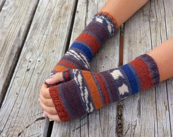 Long arm gloves, brown fingerless mittens, wool arm warmers, knitted wrist warmers, striped gloves, woodland gift, long sleeves gloves