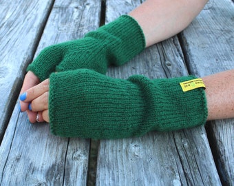 Mitaines tricotées en vert emeraude, moufles en mohair, gants extra longs