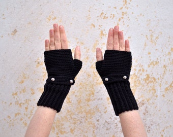 Knit black gloves, crochet wool mittens, elegant wrist warmers, stylish woman winter accessory, gift for her