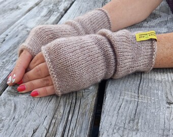 Oversized gloves, caramel beige sleeves, mohair gloves, long fingerless mittens, loose arm warmers, beige mohair gift for her