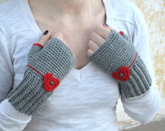 Crochet fingerless gloves  with red hearts, grey knit mittens, elegant wrist warmers, gift for Valentines day