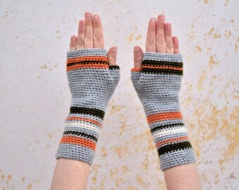 Long grey arm warmers, knit fingerless gloves, woodland wool mittens, crochet hand warmers, grey winter gloves