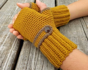 Yellow crochet fingerless gloves, hand knitted mustard mittens, wool wrist warmers, stylish woman winter accessory