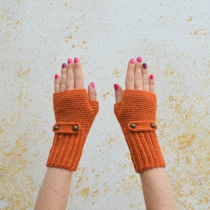 Knit orange gloves, mittens for women, wool wrist warmers, fingerless gift for her, crochet hand warmers