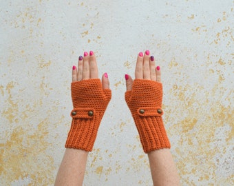 Knit orange gloves, mittens for women, wool wrist warmers, fingerless gift for her, crochet hand warmers