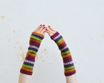 Colorful knit gloves, striped gloves, knit fingerless mittens, wool hand warmers, long arm warmers