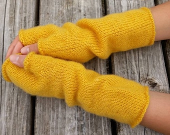Mitaines tricotées en jaune canard, moufles en mohair, gants extra longs