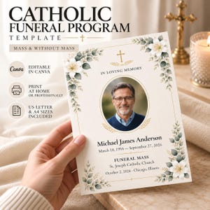 May include: A Catholic funeral program template featuring a cream background with white floral accents, a gold cross, and an oval photo frame. The text reads CATHOLIC FUNERAL PROGRAM, IN LOVING MEMORY, Michael James Anderson, and St. Joseph Catholic Church.