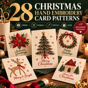 May include: A collection of 28 Christmas hand embroidery card patterns featuring five greeting cards with stitched designs of a poinsettia, a Christmas tree, a wreath, a reindeer, and a house, with text including Merry Christmas and Season's Greetings.