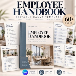 Op de afbeelding: Een bewerkbaar Canva-sjabloon voor een werknemershandboek, met een lay-out van 60+ pagina's inclusief inhoudsopgave, onboarding, secundaire arbeidsvoorwaarden en prestatiesecties. Het ontwerp bevat donkerblauwe tekst op een crèmekleurige achtergrond.