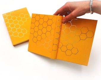 Honey Notes, honeybee beehive notebook, blank pages, gold foil print