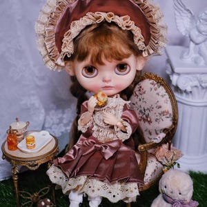 Pullip Blythe Handmade Silk Vintage Doll Outfit Set for Blythe OB22 OB24 Azone BJD Doll, Antique Style Doll Clothes Hat Dress Socks Necklace