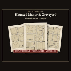 Pode incluir: Três folhas de peças de mapa imprimíveis com um design de mansão assombrada e cemitério com uma grade de 2,54 cm. O texto diz Hex & Handout, Haunted Manor & Graveyard, 40 printable map tiles, 1 inch grid e Instant Download Printable PDF Letter & A4.