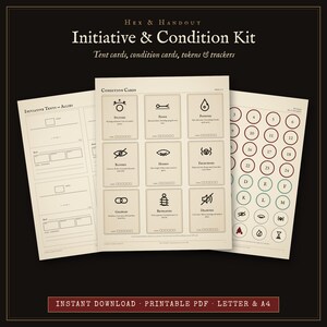 Può includere: Un kit di iniziativa e condizione con fogli PDF stampabili su carta color crema. Include tende di iniziativa per alleati, carte condizione con icone per effetti di stato e un foglio con gettoni numerati e simboli per il gioco.