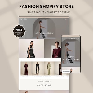 May include: A digital display of a Shopify store theme named Neutra, featuring a website layout on a desktop screen and a mobile device. The interface shows a fashion collection with imagery of models, navigation menus, product categories, and a countdown timer.
