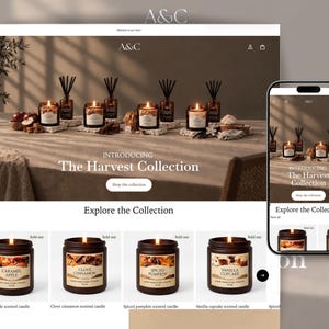 May include: A website interface displaying The Harvest Collection featuring scented candles and reed diffusers. The page includes product listings for Caramel Apple, Clove Cinnamon, Spiced Pumpkin, and Vanilla Cupcake candles, with a mobile view overlay.