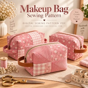 Könnte beinhalten: Drei rechteckige Kosmetiktaschen aus rosa Blumen-, Vichy- und Cordstoff mit braunen Seitengriffen und Messingreißverschlüssen. Der Text lautet Makeup Bag Sewing Pattern, Digital Sewing Pattern PDF, Digital Download, No Physical Item.