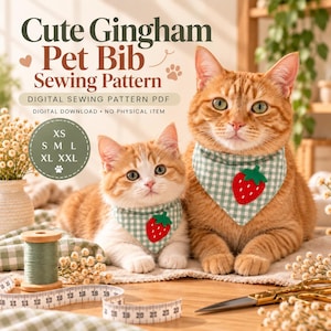 Puede incluir: Un patrón de costura digital para babero de mascota en tela de cuadros vichy verde y blanco con una aplicación de fresa roja. El texto dice Cute Gingham Pet Bib Sewing Pattern, Digital Sewing Pattern PDF, Digital Download, No Physical Item, XS S M L XL XXL.