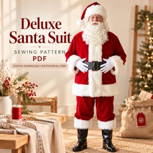 Könnte beinhalten: Ein digitales Schnittmuster für ein Deluxe-Weihnachtsmannkostüm mit dem Text Deluxe Santa Suit, Sewing Pattern, PDF und Digital Download. Das Bild zeigt eine Person in einem roten Samtkostüm mit weißem Kunstfellbesatz, einer Mütze, weißen Handschuhen und schwarzen Stiefeln.