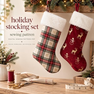 May include: A holiday stocking set sewing pattern digital PDF featuring two stockings with white faux fur cuffs. One stocking has a red and green plaid pattern with gold snowflakes, and the other is deep red with gold reindeer and snowman icons.