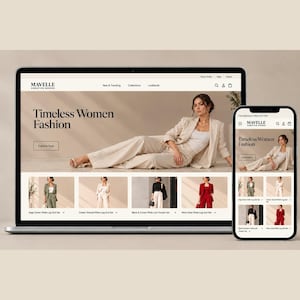 Puede incluir: Un ordenador portátil y un teléfono inteligente que muestran el sitio web de Mavelle Creative Goods. La pantalla muestra una página de inicio de Timeless Women Fashion con un banner de un traje beige y una cuadrícula de trajes en verde salvia, crema, negro y vino.
