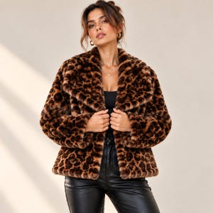 Könnte beinhalten: Eine langärmelige Kunstfelljacke mit einem markanten braun-schwarzen Leopardenmuster. Die Jacke hat einen breiten Reverskragen, einen geraden Saum und ein offenes Vorderteil, getragen über einem schlichten schwarzen Oberteil und einer schwarzen Hose.
