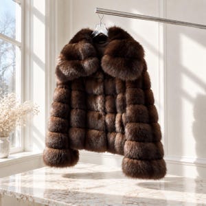 May include: A dark brown fur jacket featuring a thick, voluminous collar and a horizontal paneled design. The garment has long sleeves with wide cuffs and is displayed on a clear plastic hanger suspended from a metal rod.