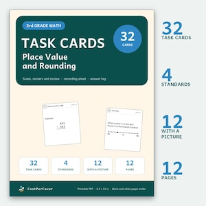 May include: A 3rd grade math task card set featuring place value and rounding exercises. The cover displays the text 32 Task Cards, Place Value and Rounding, 32 cards, 4 standards, 12 with a picture, and 12 pages. Includes two sample cards.