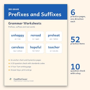 Könnte beinhalten: Ein 3rd Grade Grammatik-Arbeitsblatt-Set mit dem Titel Prefixes and Suffixes. Es enthält sechs Beispielboxen mit Wörtern wie unhappy, reread und teacher sowie 6 Übungsseiten, 52 Übungsaufgaben und einen 10-Fragen-Check mit Lösungsschlüssel.