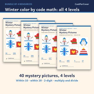 Winter Color by Code Math Worksheets, Color by Number Mystery Pictures, Kindergarten to 4th Grade, Printable Homeschool Activity PDF