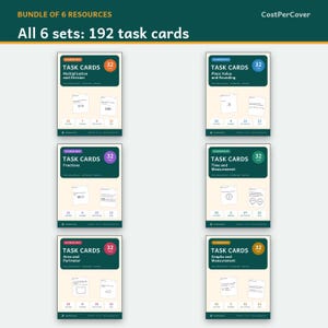 May include: A bundle of 6 educational resource sets containing 192 task cards. The sets cover math topics including multiplication, division, place value, rounding, fractions, time, measurement, area, perimeter, and graphs, each with 32 cards.
