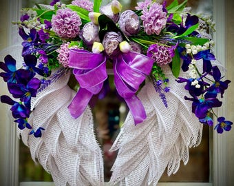 Floral Purple Angel Wings Wreath, High Quality Purple Mesh Memorial Decor, Handcrafted Angel Wing Sympathy Wreath, Front Door Tribute