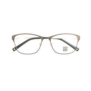 May include: A pair of brown eyeglasses with a semi-rimless frame design. The lenses are clear and feature the logo JC JETTE printed on the right lens. The temples are dark brown and the bridge is a metallic brown tone with a sleek, thin construction.