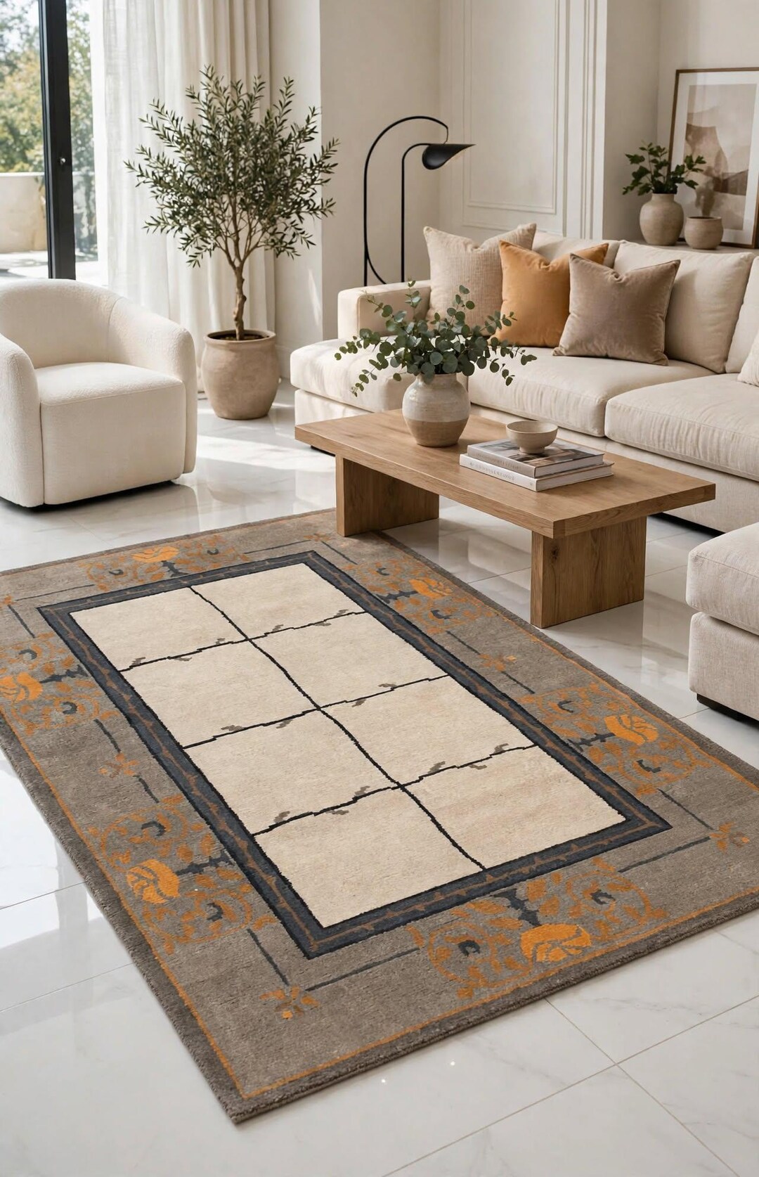 Floyd Home Rug Handknotted Wool Rug With Cream Geometric Center and Gray Orange Border ...