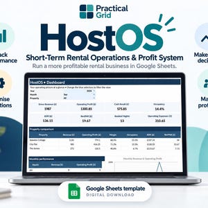 May include: A laptop screen displaying the HostOS dashboard, a Google Sheets template for short-term rental operations. The interface shows financial metrics like gross revenue, operating profit, and occupancy rates in a table format with blue headers.