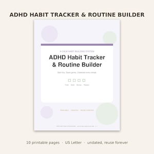 Può includere: Un documento stampabile per il monitoraggio delle abitudini e la creazione di routine ADHD con sfondo bianco e cerchi viola chiaro e verdi. Il testo recita ADHD Habit Tracker & Routine Builder, A calm habit-building system, Start tiny. Stack gently. Celebrate every streak, Track, Build, Review, Reward, Printable, Undated, Reuse forever.