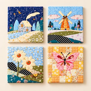 May include: Four square fabric quilt blocks featuring distinct scenes: a house under a night sky, a windmill in a landscape, two white daisies in a field, and a large pink butterfly centred on a yellow and orange checkered patchwork background.