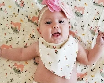 Organic, Bandana Bib, Baby Bib, Baby Gift, Baby Shower Gift, Bandana Bibs for Girls, Bandana Bibs for Boys, Floral, Deer, Birds, Gold