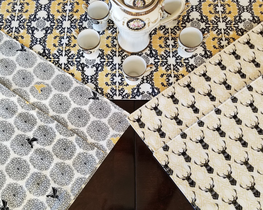 Organic Cotton Placemats, Black & White Placemats With Gold Accents Etsy
