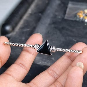Black Onyx Triangle Cuff Bracelet, Twisted Rope Silver Bangle, Boho Geometric Jewelry
