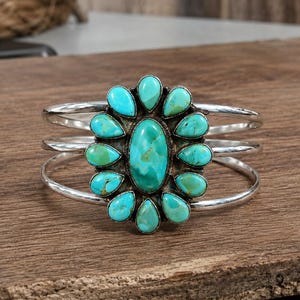 Kingman Turquoise Cuff Bracelet, Sterling Silver, Southwestern Boho Statement Jewelry